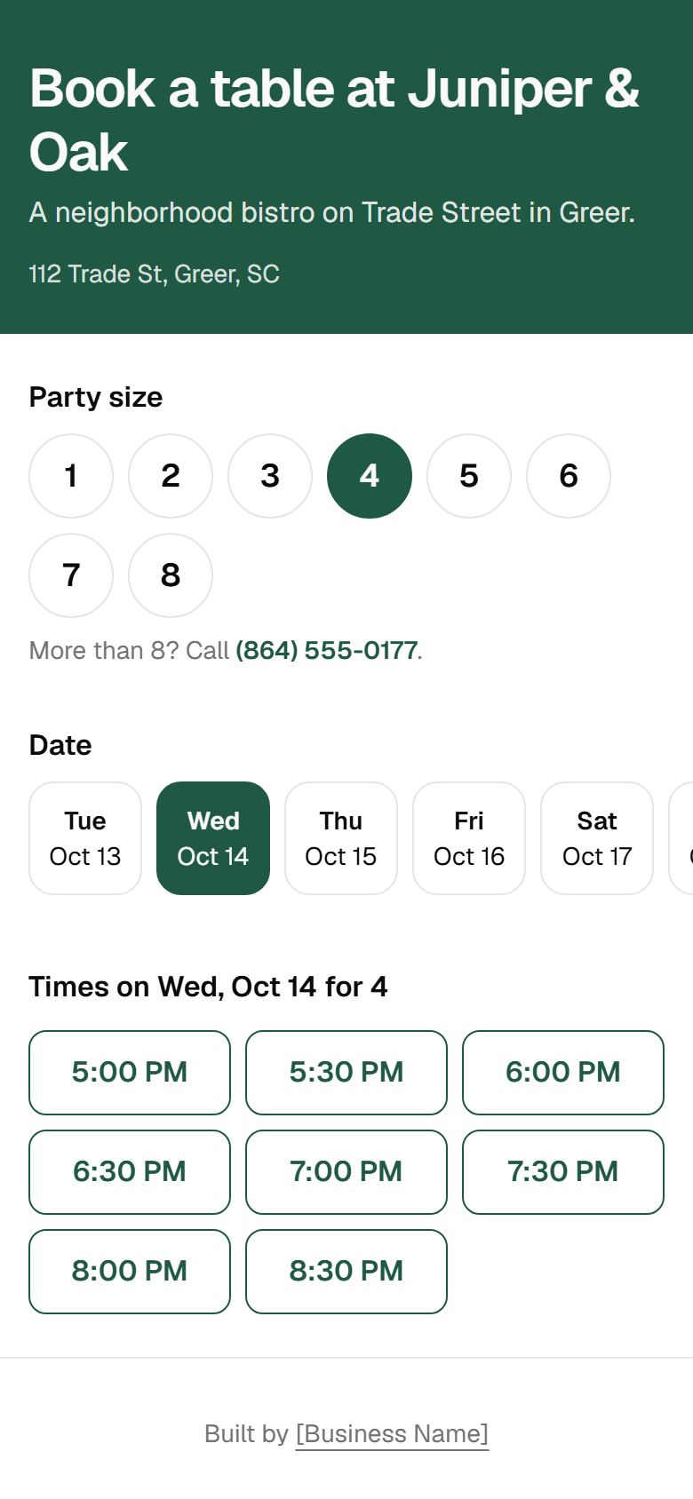 Date and party size picker on a phone